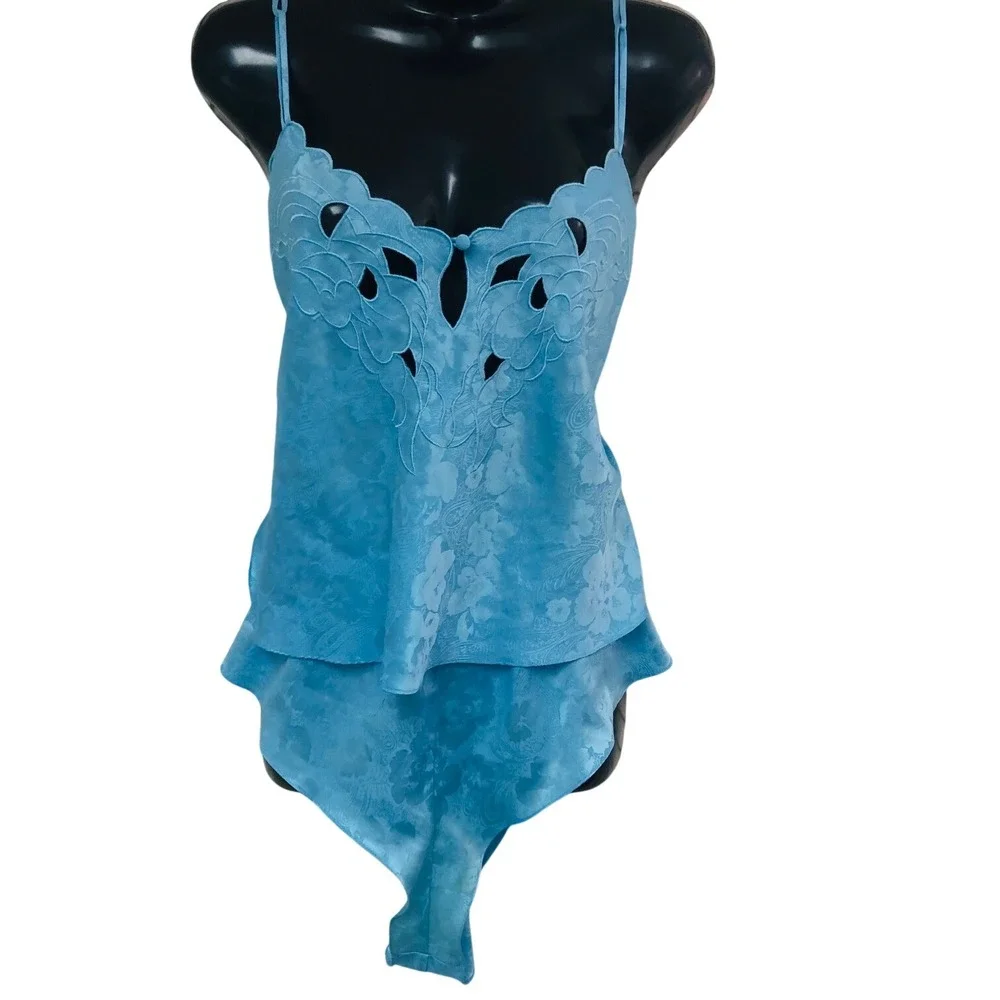 VTG Victorias Secret Cami Tank Set Gold Label Women L Blue Satin Brocade Cut Out